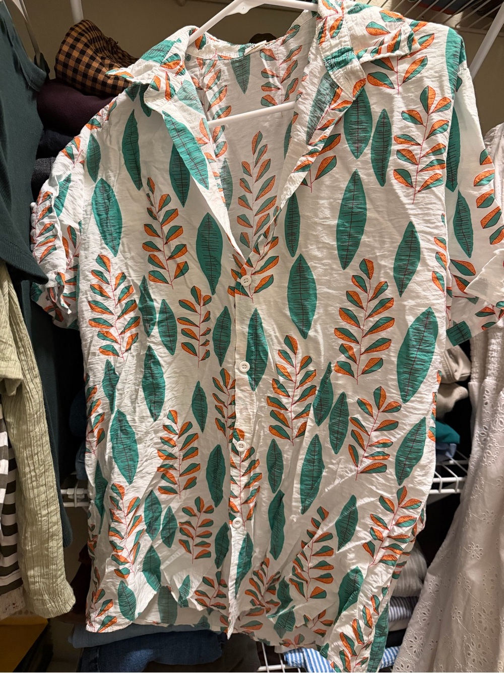 SHEIN White Button-Up Shirt with Teal and Orange Leaf Print